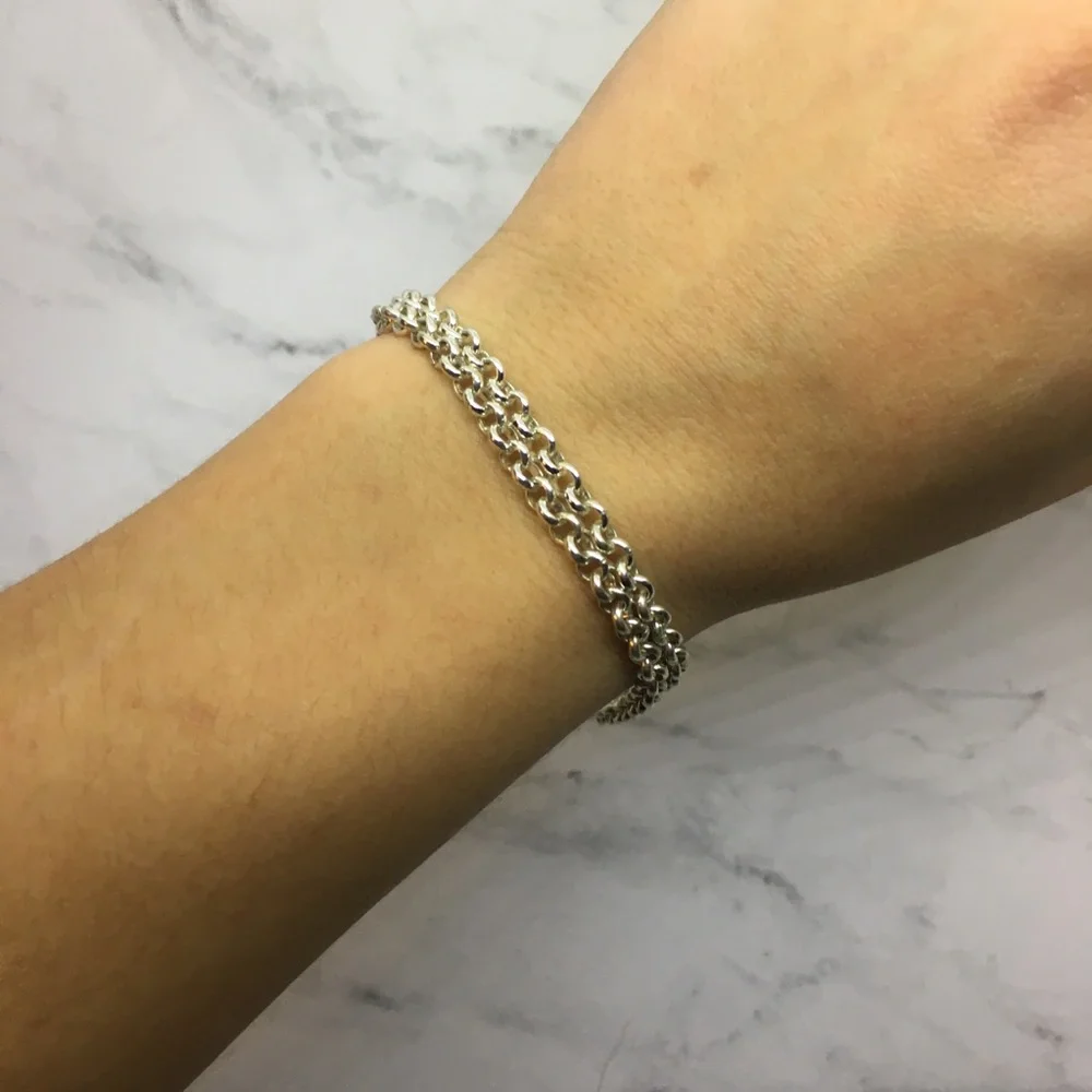 Silver tone bracelet double chain simple